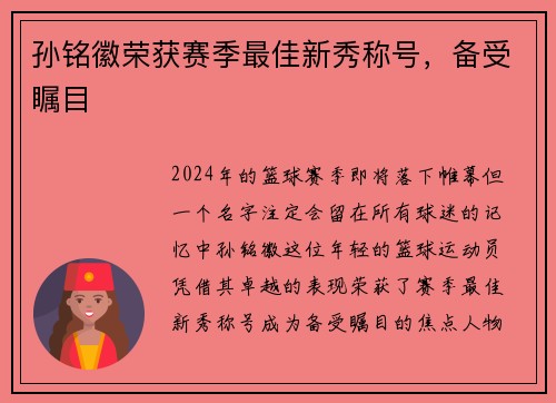 孙铭徽荣获赛季最佳新秀称号，备受瞩目
